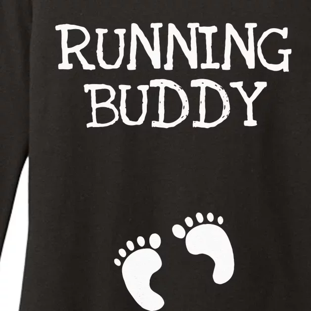 Running Buddy Funny Cute Pregnancy Announcement White Text Womens CVC Long Sleeve Shirt