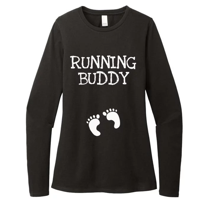 Running Buddy Funny Cute Pregnancy Announcement White Text Womens CVC Long Sleeve Shirt