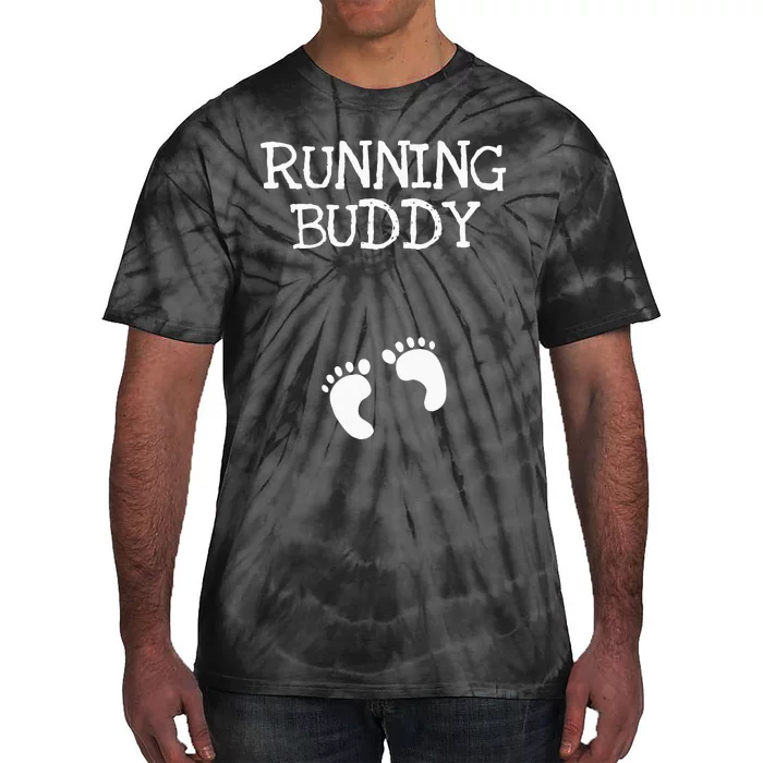 Running Buddy Funny Cute Pregnancy Announcement White Text Tie-Dye T-Shirt