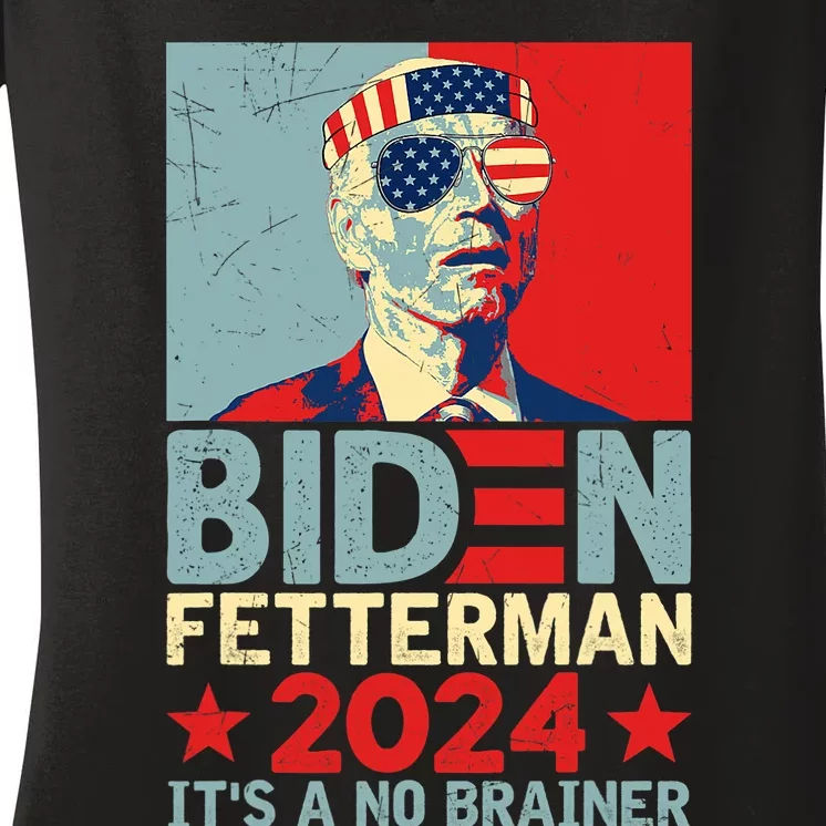 Retro Biden Fetterman 2024 It's A No Brainer Political Women's V-Neck T-Shirt