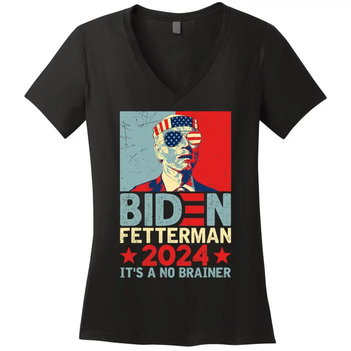 Retro Biden Fetterman 2024 It's A No Brainer Political Women's V-Neck T-Shirt