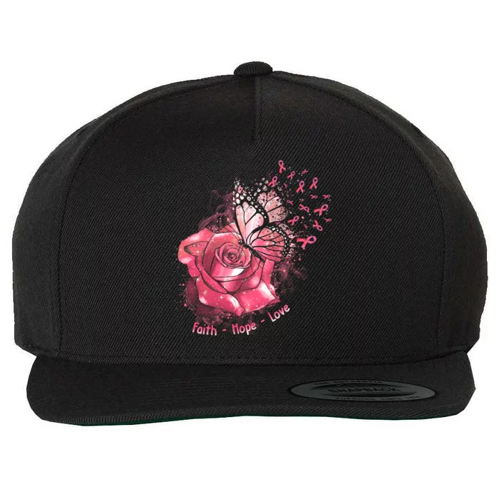 Rose Butterfly Faith Hope Love Breast Cancer Awareness Funny Gift Wool Snapback Cap