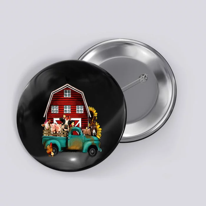 Red Barn Farm Pickup Truck With Farm Animals Farmer Cowgirl Button