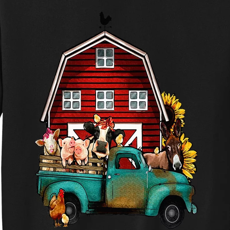 Red Barn Farm Pickup Truck With Farm Animals Farmer Cowgirl Tall Sweatshirt