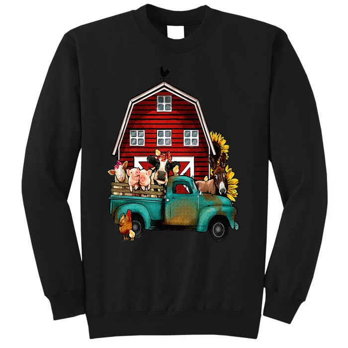 Red Barn Farm Pickup Truck With Farm Animals Farmer Cowgirl Tall Sweatshirt