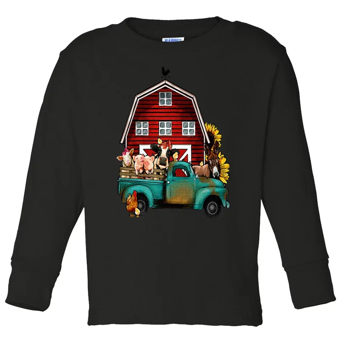 Red Barn Farm Pickup Truck With Farm Animals Farmer Cowgirl Toddler Long Sleeve Shirt