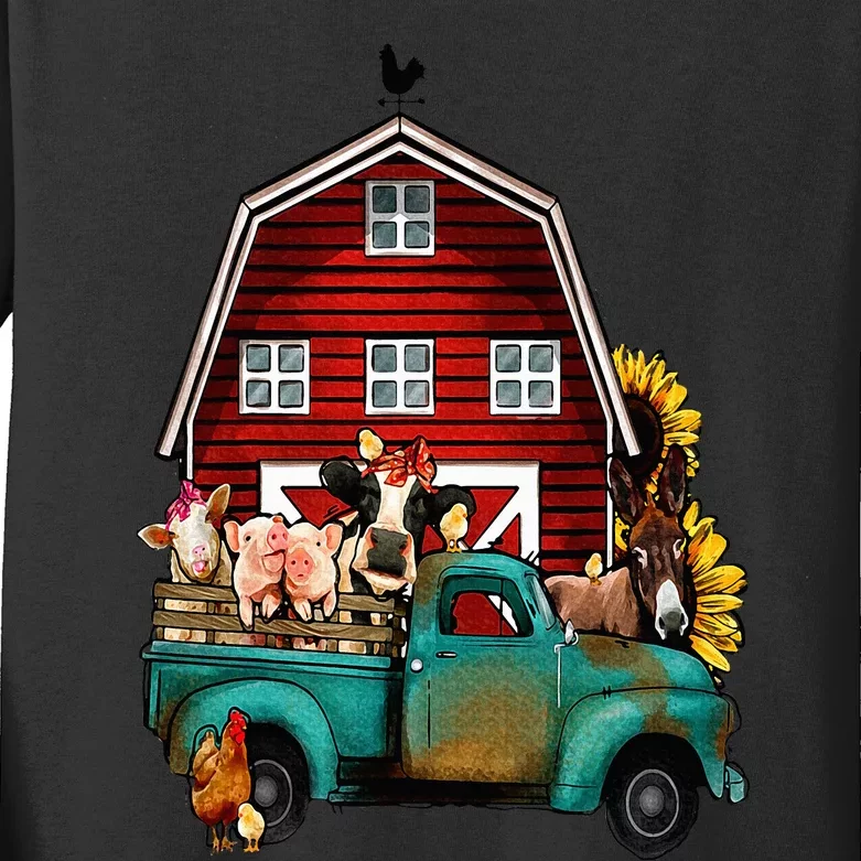 Red Barn Farm Pickup Truck With Farm Animals Farmer Cowgirl Kids Long Sleeve Shirt