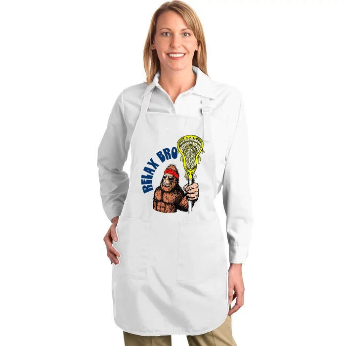 Relax Bro! Funny Sasquatch Lax Bigfoot Lacrosse Vintage 80s Full-Length Apron With Pocket