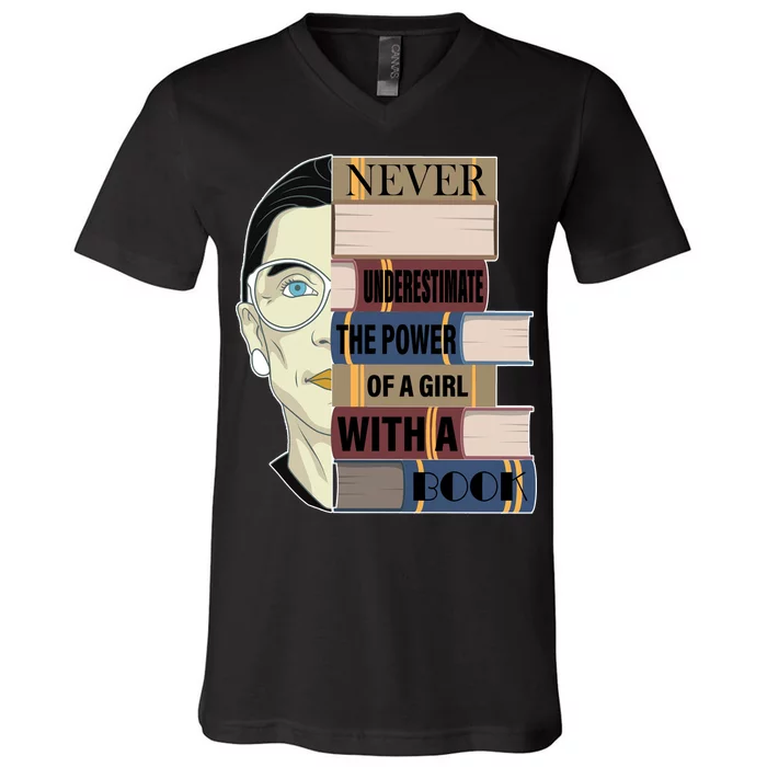 RBG Never Underestimate Power of Girl With Book V-Neck T-Shirt