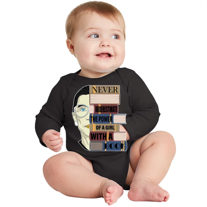 RBG Never Underestimate Power of Girl With Book Baby Long Sleeve Bodysuit