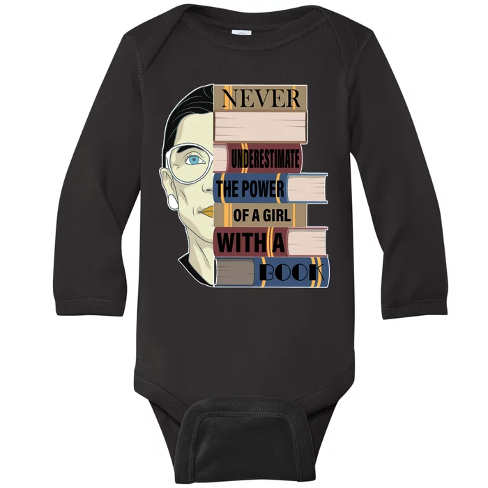 RBG Never Underestimate Power of Girl With Book Baby Long Sleeve Bodysuit