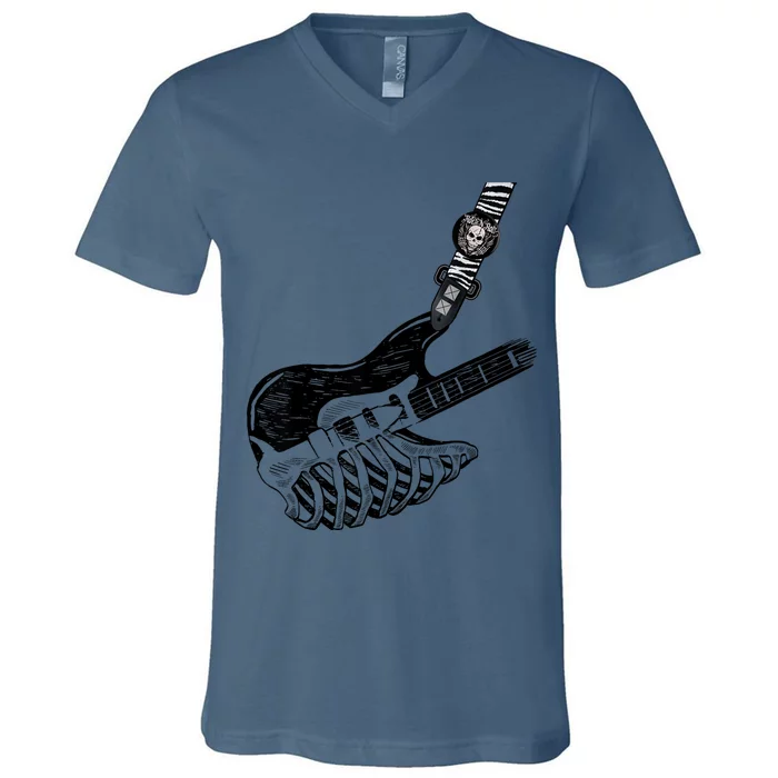 Rock Bass Guitar Skull Rock Guitarist Bass Player Musician V-Neck T-Shirt