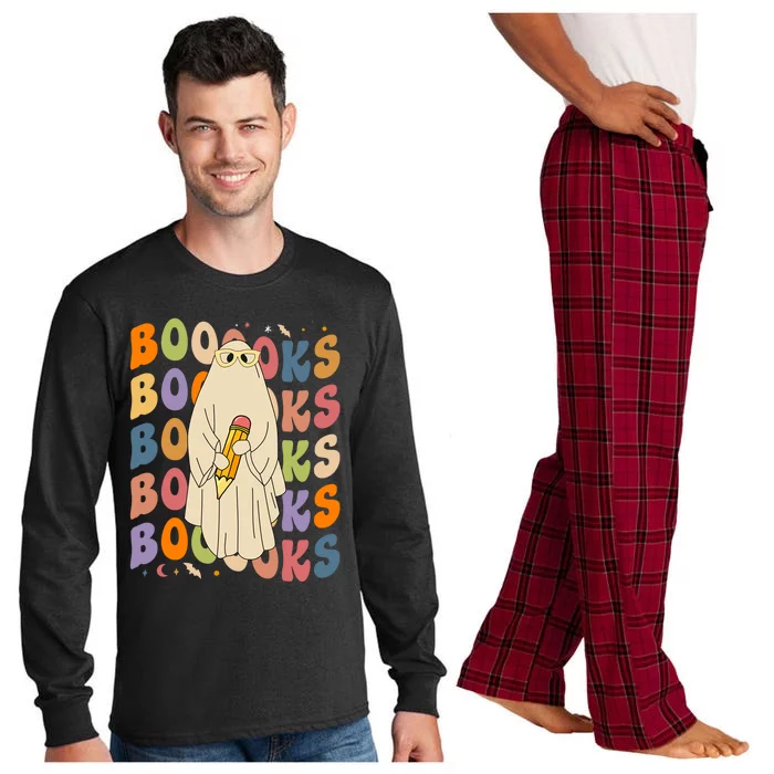 Retro Booooks Ghost Vintage Teacher Reading Groovy Halloween Cute Gift Long Sleeve Pajama Set