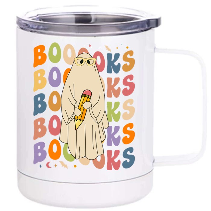 Retro Booooks Ghost Vintage Teacher Reading Groovy Halloween Cute Gift Front & Back 12oz Stainless Steel Tumbler Cup