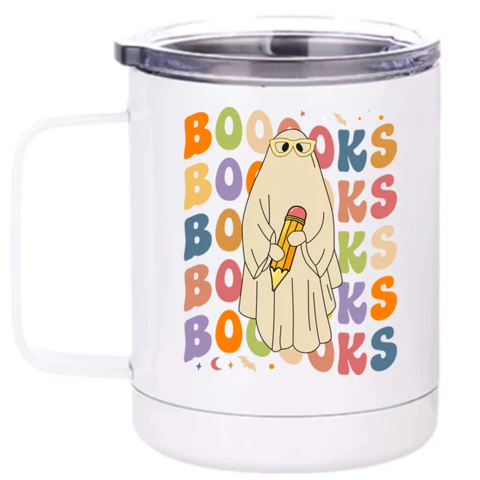 Retro Booooks Ghost Vintage Teacher Reading Groovy Halloween Cute Gift Front & Back 12oz Stainless Steel Tumbler Cup