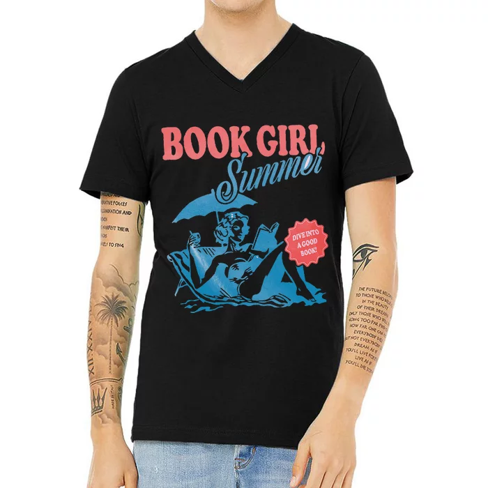 Retro Book Girl Summer Bookish Vacation Funny Reader V-Neck T-Shirt