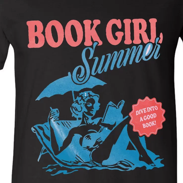 Retro Book Girl Summer Bookish Vacation Funny Reader V-Neck T-Shirt