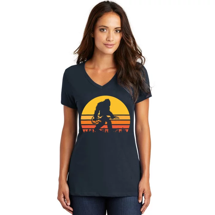 Retro Bigfoot Guitar Vintage Sasquatch Rocker Tee Women's V-Neck T-Shirt