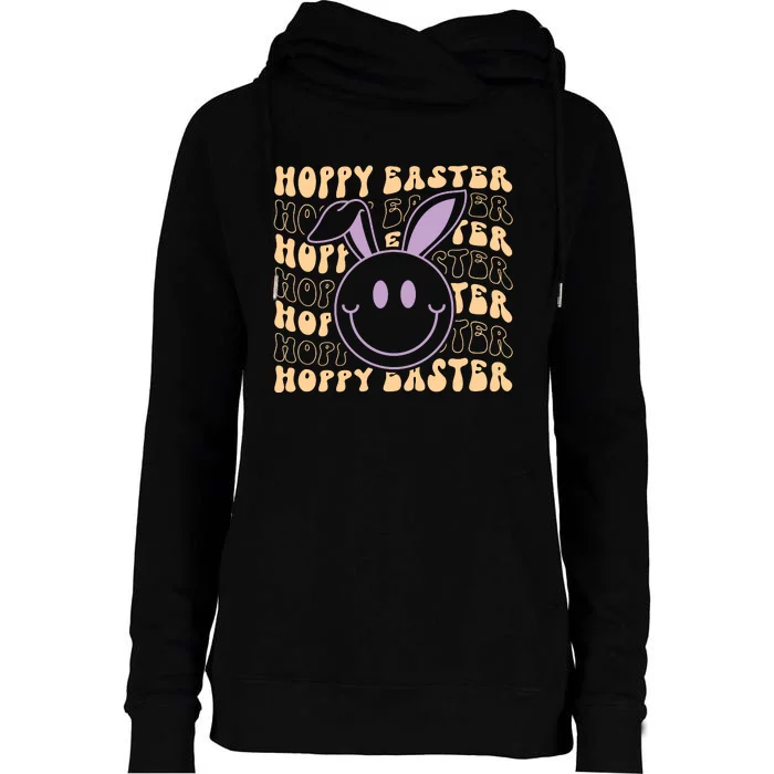 Retro Bunny Hoppy Easter Womens Funnel Neck Pullover Hood