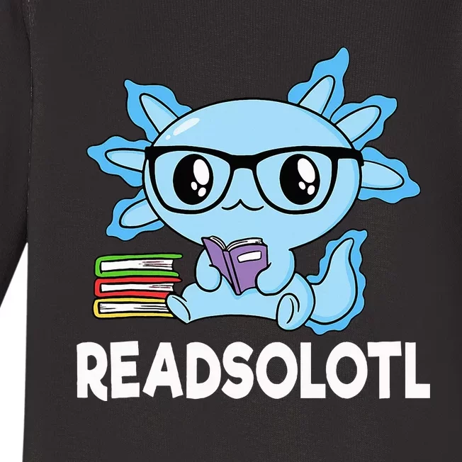 Readsolotl Blue Kawaii Axolotl Book Lover Funny Reading Baby Long Sleeve Bodysuit