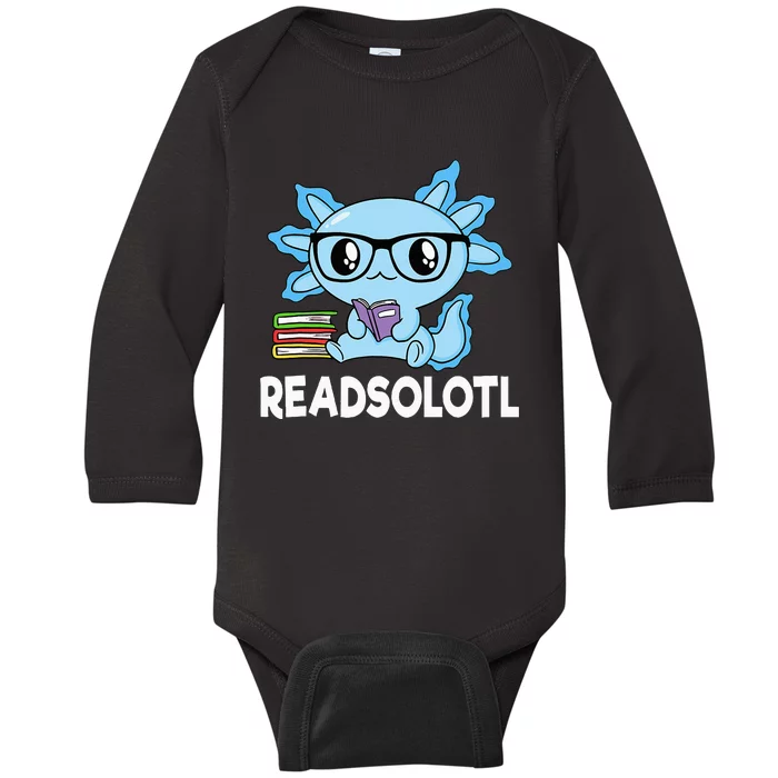 Readsolotl Blue Kawaii Axolotl Book Lover Funny Reading Baby Long Sleeve Bodysuit