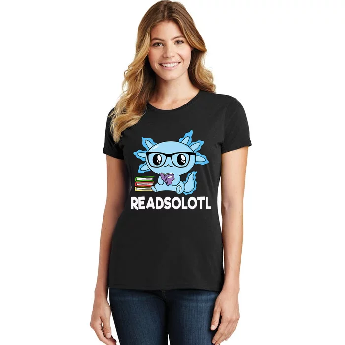 Readsolotl Blue Kawaii Axolotl Book Lover Funny Reading Women's T-Shirt