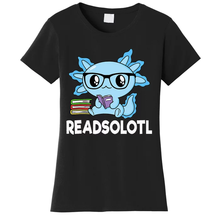 Readsolotl Blue Kawaii Axolotl Book Lover Funny Reading Women's T-Shirt