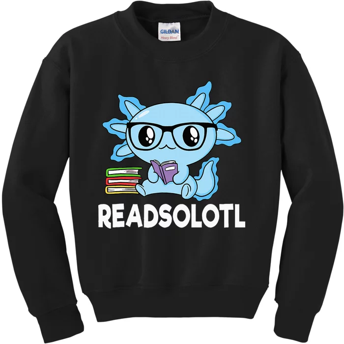 Readsolotl Blue Kawaii Axolotl Book Lover Funny Reading Kids Sweatshirt