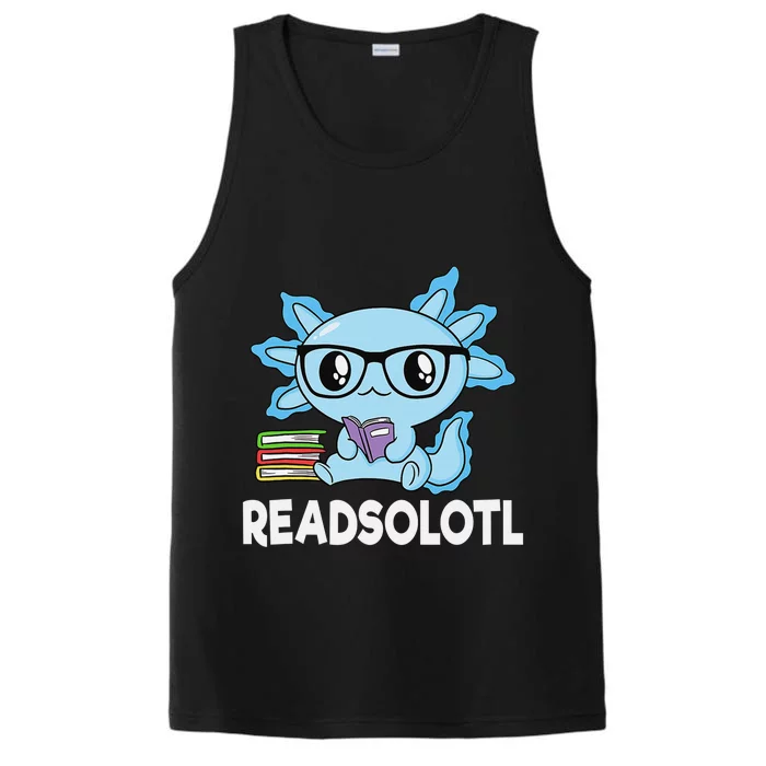 Readsolotl Blue Kawaii Axolotl Book Lover Funny Reading Performance Tank