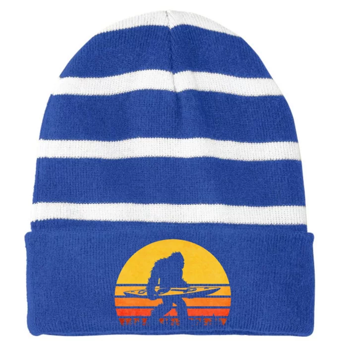 Retro Bigfoot Kayak Vintage Sasquatch Kayaking Striped Beanie with Solid Band