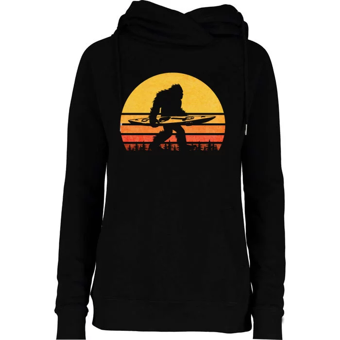 Retro Bigfoot Kayak Gift Vintage Sasquatch Kayaking Gift Womens Funnel Neck Pullover Hood