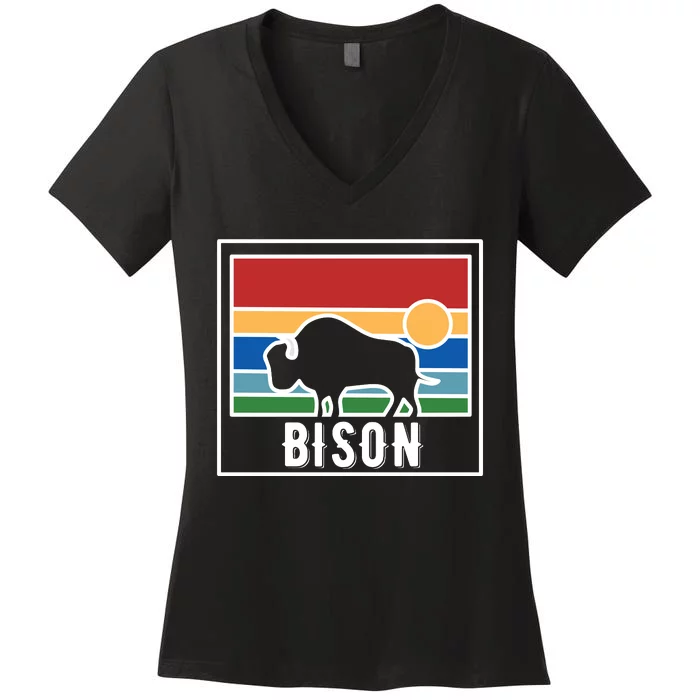 Retro Bison Logo Women's V-Neck T-Shirt