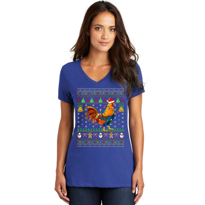 Rooster Bird Lover Lighting Santa Hat Rooster Ugly Christmas Gift Women's V-Neck T-Shirt