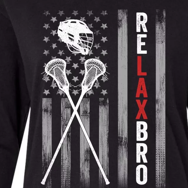 Relax Bro Lacrosse American Flag Lax Helmet Sticks Lacrosse Womens Cotton Relaxed Long Sleeve T-Shirt