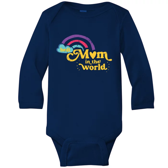 Retro Best Mom In The World With Heart Rainbow Mothers Day Gift Baby Long Sleeve Bodysuit