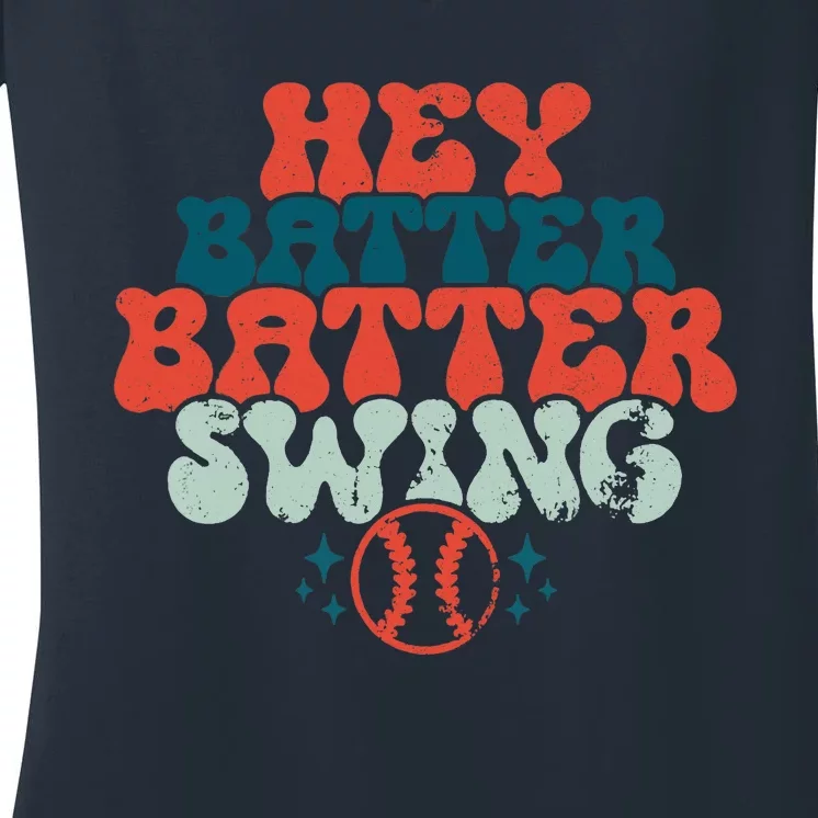 Retro Baseball Mom Hey Batter Batter Swing Funny Baseball Women's V-Neck T-Shirt