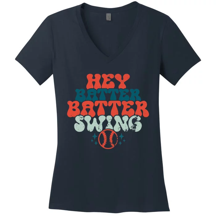 Retro Baseball Mom Hey Batter Batter Swing Funny Baseball Women's V-Neck T-Shirt