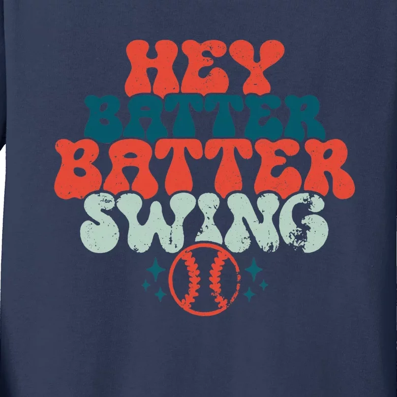 Retro Baseball Mom Hey Batter Batter Swing Funny Baseball Kids Long Sleeve Shirt