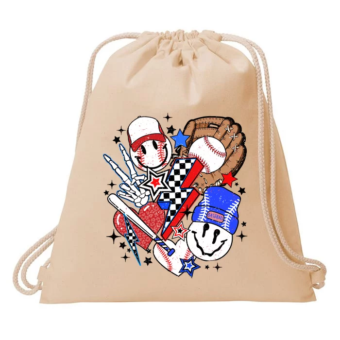 Retro Baseball Mom Vibes Smile Face Meme Drawstring Bag