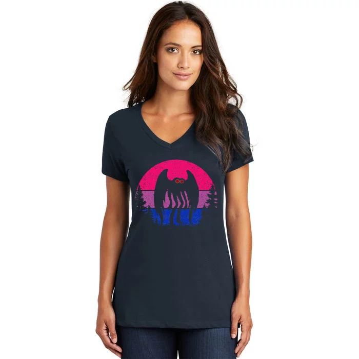 Retro Bi Mothman Bisexual Pride Point Pleasant Cryptid Women's V-Neck T-Shirt