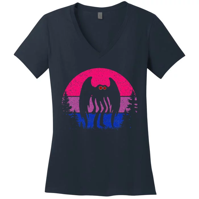 Retro Bi Mothman Bisexual Pride Point Pleasant Cryptid Women's V-Neck T-Shirt