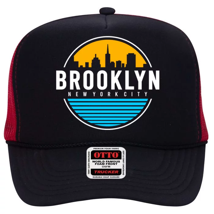 Retro Brooklyn New York City Skyline High Crown Mesh Trucker Hat