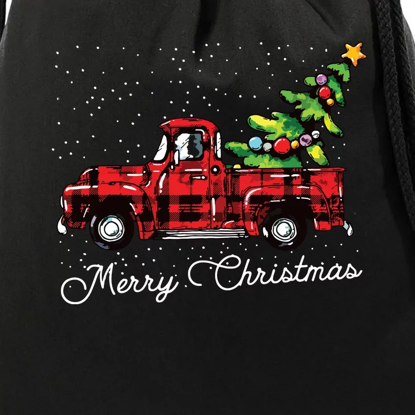 Red Buffalo Plaid Pickup Truck With Tree Merry Christmas Drawstring Bag