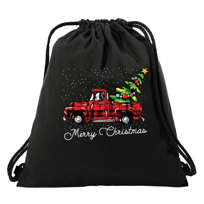 Red Buffalo Plaid Pickup Truck With Tree Merry Christmas Drawstring Bag