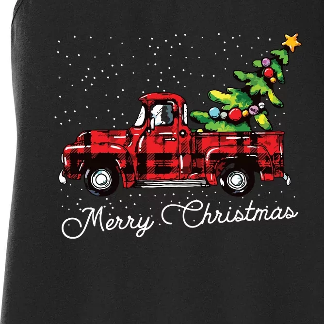 Red Buffalo Plaid Pickup Truck With Tree Merry Christmas Women's Racerback Tank