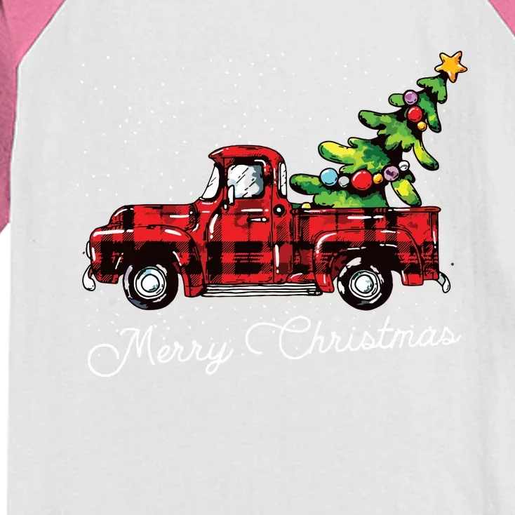 Red Buffalo Plaid Pickup Truck With Tree Merry Christmas Kids Colorblock Raglan Jersey