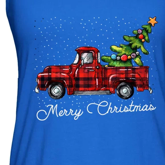 Red Buffalo Plaid Pickup Truck With Tree Merry Christmas Cute Gift Ladies Essential Flowy Tank