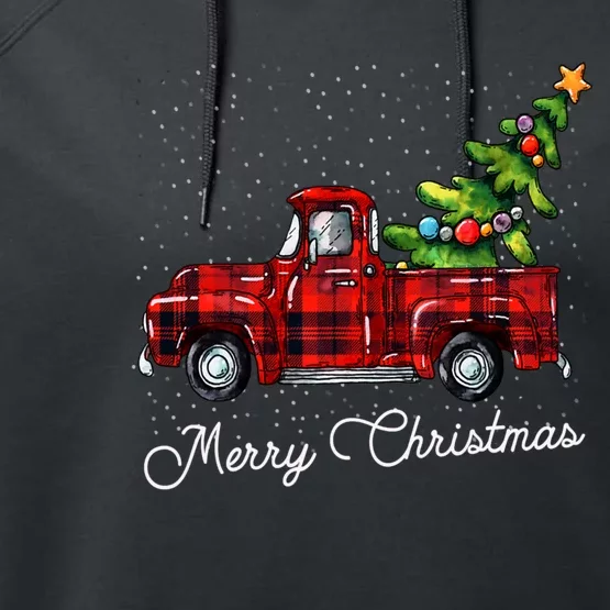 Red Buffalo Plaid Pickup Truck With Tree Merry Christmas Performance Fleece Hoodie