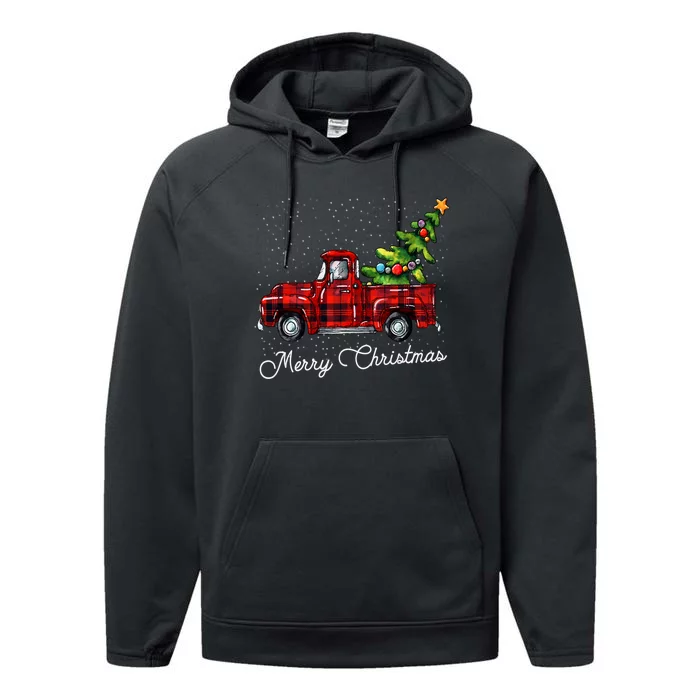 Red Buffalo Plaid Pickup Truck With Tree Merry Christmas Performance Fleece Hoodie