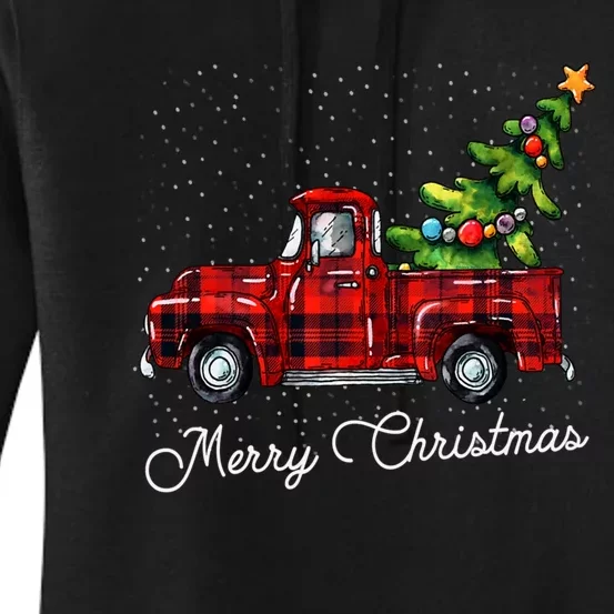 Red Buffalo Plaid Pickup Truck With Tree Merry Christmas Women's Pullover Hoodie